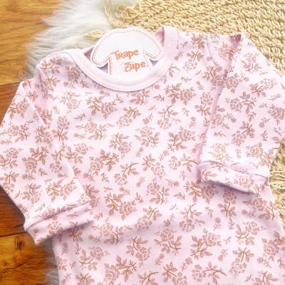 CONJ. DE MALHA 3 PEÇAS - Passarinho com Flores Bordadas - Rosa Bebê